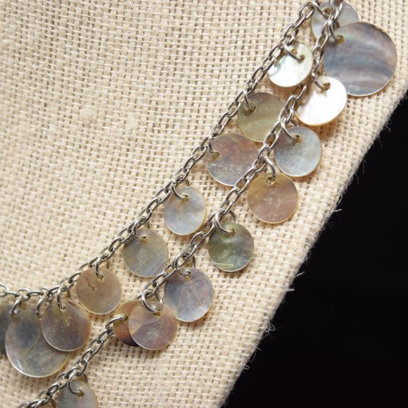 Reversible Double Layer Shell Round Disc Necklace Abalone Silvertone - Picture 11 of 12